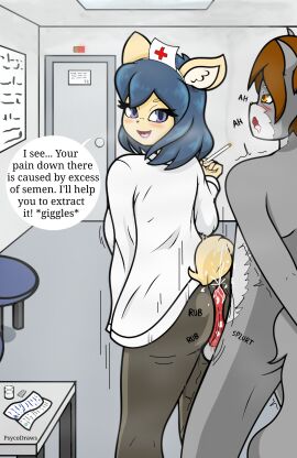 absurd_res age_difference animal_genitalia animal_penis anthro ass assjob balls blush bodily_fluids buttjob canid canine canine_genitalia canine_penis canis cigarette clothed clothed_female clothing cum cumshot dialogue domestic_dog dominant dominant_female duo ejaculation ejaculation_between_cheeks female from_behind_position genital_fluids genitals gentle_femdom hi_res hospital hot_dogging humping lipstick looking_at_another makeup male male/female mammal mature_female nude nude_male nurse nurse_clothing nurse_uniform orgasm orgasm_face penis psycodraws rear_view seductive sellie_(psyco) semen semen_on_lower_body sex smoking submissive submissive_male teasing text todjou_(psyco) uniform wolf