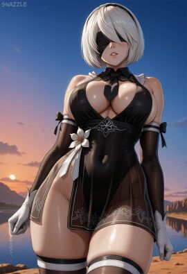 adapted_costume ai_generated alternate_costume artist_name bare_shoulders black_blindfold black_dress black_hairband blindfold breasts cleavage cloud cloudy_sky covered_navel dress dusk elbow_gloves evening facing_viewer female gloves gradient_sky hairband horizon large_breasts mole mole_under_mouth nier nier:_automata nier_(series) ocean official_alternate_costume orange_sky outdoors parted_lips patreon_username pelvic_curtain shiny_skin short_hair sky snazzdaz snazzle solo stable_diffusion star_(sky) sun sunset thick_thighs thighhighs thighs twilight wet white_gloves white_hair yorha_2b