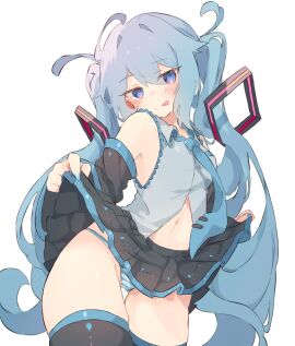 bare_shoulders blue_eyes blue_hair blue_nails breasts button_down_shirt clothed collared_shirt detached_sleeves female hatsune_miku light-skinned_female light_skin navel nec02k necktie painted_nails panties shirt skirt skirt_lift sleeveless sleeveless_shirt small_breasts striped_panties thighhighs thighs tie tongue tongue_out twintails undressing vocaloid