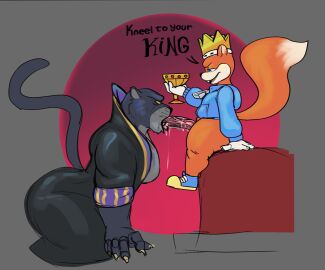 all_fours angry anthro ass big_ass big_butt black_body black_fur blue_eyes bodily_fluids bottomless buckteeth claws clothed clothing cocky conker conker's_bad_fur_day crown dialogue dominant dominant_anthro dominant_male dominant_prey duo eye_contact fangs felid feline fellatio footwear from_front_position fur genital_fluids genitals headgear hoodie hornymarco kneeling looking_at_another male male/male male_focus male_only mammal muscular muscular_anthro muscular_bottom muscular_male nude oral orange_body orange_fur panther_king pantherine pecs penile penis penis_in_mouth precum predator/prey rareware robe rodent royalty sciurid sex shoes simple_background size_difference small_dom_big_sub smaller_male smile squirrel submissive submissive_anthro submissive_male submissive_predator tail tan_body tan_fur teeth thick_thighs topwear tree_squirrel wide_hipped_male wide_hips yellow_sclera