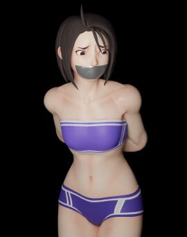 1girls 3d akira_kazama arms_behind_back blue_bra blue_panties bra clothing female gag gagged human pale_skin panties rival_schools solo street_fighter street_fighter_v swimwear tape tape_gag taped_mouth underwear warpkiller
