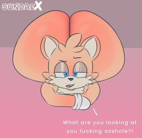 annoyed anthro ass big_ass big_butt blue_eyes bubble_ass bubble_butt canid canine clothing dialogue digital_drawing_(artwork) digital_media_(artwork) english_text femboy feminine_tails fox fur girly gloves handwear huge_ass huge_butt looking_at_viewer male mammal miles_prower open_mouth profanity sega simple_background solo sonic_(series) sonic_the_hedgehog_(series) sundaebunnyx sundaex tails tails_the_fox teapot_(body_type) text white_body white_fur yellow_body yellow_fur