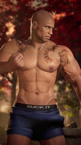 1boy 3d 3d_(artwork) 3d_model bald bald_male big_dick_energy blue_eyes boxers bulge_through_clothing dark-skinned_male dark_skin erection_under_clothing geras glowing_eyes haviksluz male male_focus male_only male_solo masculine melanin mortal_kombat mortal_kombat_1_(2023) netherrealm_studios penis solo solo_focus solo_male tan-skinned_male