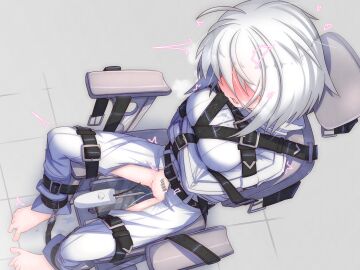 arms_under_breasts barcode barcode_tattoo barefoot belt belt_buckle bondage bound bound_arms bound_legs breasts buckle chair female female_urethral_insertion highres looking_down medium_breasts menou_74 original pussy restrained sex_machine short_hair sounding stationary_restraints straitjacket tattoo textless_version urethral_insertion vaginal_urethral_insertion variant_set white_hair