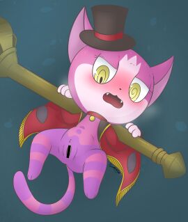 absurd_res anthro blush bodily_fluids cum cum_in_pussy cum_inside cuntboy domestic_cat felid feline felis fur genital_fluids genitals hi_res intersex lemontyne lying mammal on_back purple_body purple_fur pussy sharlie_(obakeidoro!) solo tail