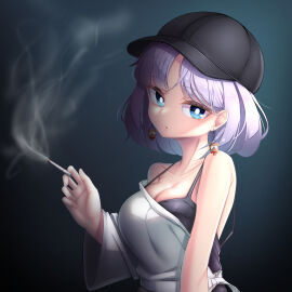 1girls bare_shoulders baseball_cap blue_eyes cigarette cleavage dark_background earrings female head_tilt looking_at_viewer purple_hair smoking solo solo_female violet_hair
