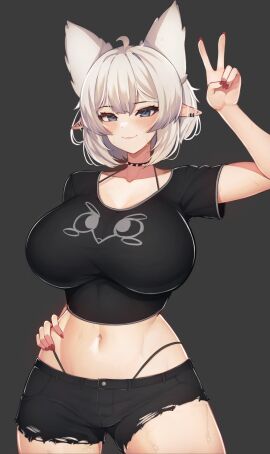 ahoge animal_ears arm_up armpits bikini black_bikini black_choker black_shirt blush borrowed_character breasts cameltoe choker cleft_of_venus closed_mouth cowboy_shot ear_piercing female female_pubic_hair glasses grey_background grey_hair hand_on_own_hip hi_res high_resolution highres large_breasts lorel_(aurwoora) multi_ear nail_polish navel nipples original panties piercing pointy_ears pubic_hair pubic_hair_peek pussy red_nails round_eyewear short_hair shorts simple_background smile solo spiked_choker spikes standing swimsuit tagme topless underwear v varniskarnis white_hair