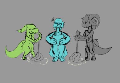 annoyed anthro avian bird blue_jay bodily_fluids chibi cleaning_tool cleaning_up clothed clothing corvid cum cum_on_ground dragon embarrassed female fully_clothed genital_fluids genitals group hands_on_hips hi_res jay_(bird) kobold leaking_cum lem75 male mythological_creature mythological_scalie mythology new_world_jay nude oscine partially_clothed passerine penis scalie trio