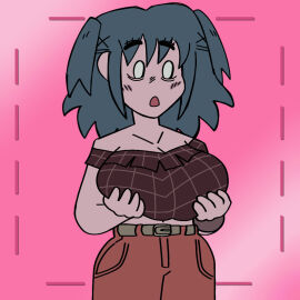 1girls blue_hair breast_expansion breast_growth breast_growth_(enlargement) breasts cloronoisats female grabbing_own_breast lacey's_wardrobe lacey_(lacey_games) lacey_games large_breasts pink_background short_hair solo solo_female