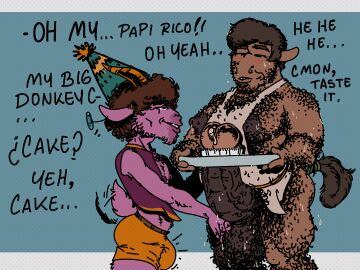 2023 anthro apron apron_only arm_hair armpit_hair asinus ass athletic athletic_anthro athletic_male ball_(object) balls big_balls big_nipples big_penis birthday bodily_fluids body_hair bottomwear breasts brow_hair brown_hair brown_nipples brunkdutt bulge butt_hair cake chest_hair chest_tuft closed_eyes clothed clothing colored curled_hair dessert detailed detailed_background detailed_bulge dialogue digital_drawing_(artwork) digital_media_(artwork) donkey duo ear_piercing ear_ring english_text equid equine erection facial_hair fingers flared_penis flat_colors fluffy fluffy_hair food fur genital_fluids genitals goatee hair hairy hairy_balls hairy_legs hi_res holding_balls holding_object holding_plate horn horse huge_cock humanoid_genitalia humor hyper hyper_genitalia hyper_penis kidden_eksis leaking male male/male male_only mammal muscular muscular_male nipples nude olimacdoodles pecs pendulum penile penis penis_cake piercing precum pubes pun purple_body purple_fur purple_nipples purple_skin purple_tail ring_piercing serving serving_tray shorts side_view simple_background smile smirk spanglish spanish_text stubble sweat sweatdrop sweaty_balls sweaty_chest sweaty_genitalia sweaty_legs tail tail_motion tailwag teeth text tuft vein veiny_penis visual_pun