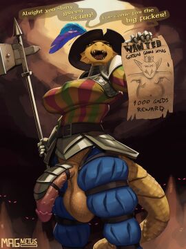 1futa 2025 anthro armor armored_penis balls big_breasts biped breasts clothing digital_media_(artwork) dragon english_text futa_anthro futa_focus futanari gauntlets genitals gloves gorget group half-erect hammer handwear hat hat_feather headgear headwear hi_res holding_melee_weapon holding_object holding_polearm holding_weapon intersex intersex_anthro looking_at_viewer loose_feather magnetus melee_weapon mythological_creature mythological_scalie mythology open_mouth pauldron penis polearm puffy_pants saggy_balls scales scalie solo_focus speech_bubble spiked_penis spikes spikes_(anatomy) talking_to_viewer tassets text tools wanted_poster warhammer weapon yellow_balls yellow_body yellow_scales