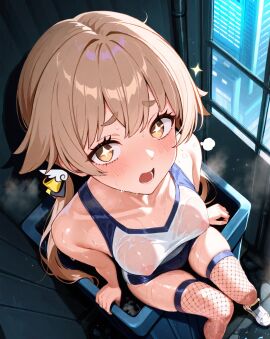 :o blue_archive city_background female hifumi_(blue_archive) horny_face looking_at_viewer riotneko sitting star_in_eye sweatdrop trash_bag wet_body