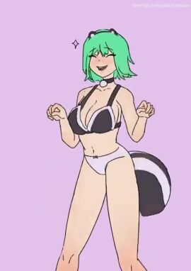 1boy1girl accidental_fart animated arejay big_breasts bra breasts_bigger_than_head collar dancing edit edited edited_by_uploader embarrassed embarrassed_female fart fart_cloud fart_fetish female green_eyes green_hair male music offering_clothing panties pink_background simple_background skunk_ears skunk_tail sound_warning tagme video