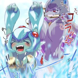 2girls absurd_res absurdres big_breasts bikini breasts calamaramon digimon digimon_(species) digimon_frontier female gerusyu golden_bikini golden_week hi_res highres light-blue-skinned_female light_blue_skin purple-skinned_female purple_skin ranamon toei_animation water