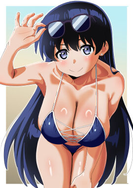 1girls absurdres adjusting_eyewear arato_nagi bikini black_hair blue_bikini blue_eyes breasts cross-laced_bikini cross-laced_clothes earrings eyewear_on_head female gradient_background hand_on_own_thigh highres jewelry large_breasts leaning_forward long_hair looking_at_viewer nagi_arato ruri_no_houseki ruri_rocks solo string_bikini stud_earrings sunglasses swimsuit torasansan011