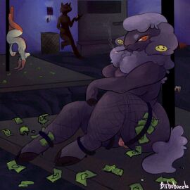 anthro birbobuzzle bovid caprine cigarette clothing domestic_sheep female fishnet_clothing fishnet_legwear genitals group legwear mammal money money_in_garter money_in_legwear money_in_thigh_highs money_in_thong money_in_underwear penelope_(birbobuzzle) pink_pussy pole pussy sheep smoking smoking_cigarette solo_focus stockings stripper stripper_pole trio