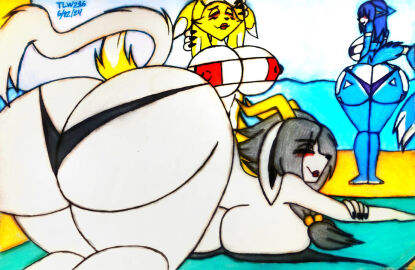 absurd_res anthro ass bandai_namco beach big_ass big_breasts big_butt bikini blush bovid breasts canid canine caprine clothing digimon digimon_(species) female fox goat group hi_res huge_ass huge_breasts huge_butt krystal krystal_(star_fox) mammal nintendo nipple_outline nipples pseudoregalia renamon sand star_fox swimwear sybil_(pseudoregalia) theloanwanderer216 thick_thighs tlw216 traditional_media_(artwork) trio two-piece_swimsuit