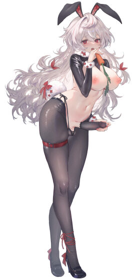 animal_ears ankle_ribbon balls belt belt_buckle black_shoes black_shrug bow braid breasts buckle carrot censored commentary_request covered_balls eating erection fake_animal_ears fake_tail female fingernails footwear_bow frontless_outfit full_body futa_masturbation futanari grey_hair hair_between_eyes hair_ribbon high_heels highres hiphighs holding holding_carrot intersex large_breasts leg_ribbon long_hair long_sleeves masturbation micro_panties mosaic_censoring multicolored_hair nail_polish navel nipples open_mouth original panties penis penis_sheath precum precum_through_clothes rabbit_ears rabbit_tail raised_eyebrows red_belt red_bow red_eyes red_hair red_nails red_ribbon reverse_bunnysuit reverse_outfit ribbon shep_(user_uzrg8474) shoes shrug_(clothing) side-tie_panties simple_background solo stomach streaked_hair string_panties symbol-shaped_pupils tail tail_bow tail_ornament teeth thigh_belt thigh_strap twin_braids two-tone_hair underwear upper_teeth very_long_hair wavy_hair white_background