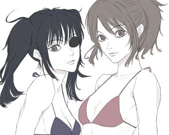 2girls alternate_costume bikini black_eyes black_hair breasts brown_eyes brown_hair cleavage eye_patch female female_only gintama long_hair looking_at_viewer ponytail shimura_tae small_breasts sultokk1 twintails upper_body white_skin yagyuu_kyuubei