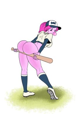 2022 adventure_time ass baseball_bat baseball_cap baseball_uniform black_eyes breasts bubble_gum cartoon_network cleats female female_only looking_at_viewer looking_back pink_body pink_hair pink_skin princess_bubblegum thighs tied_hair tullymonst3r