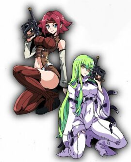 2girls battle_armor c.c. code_geass female female_only green_hair gun hfxpins kallen_stadtfeld red_hair