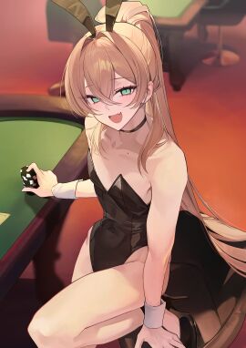 1boy aqua_eyes bunny_boy bunny_costume casino casino_table collar crossdressing cute_fang femboy heels itisfuntostay latex_clothing long_hair looking_at_viewer male original_character otoko_no_ko poker_chip safe_for_work slender_body trap very_long_hair