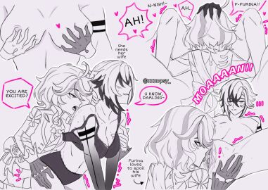 2024 2d 2d_(artwork) 2d_artwork 2girls ahoge arlecchino_(genshin_impact) arm_tattoo black_and_white black_and_white_hair black_hair blush blush_lines bra breast_grab breasts closed_eyes clothed clothing comic cross_pupils dialogue eating_pussy eyelashes eyes_half_open female female/female female_focus female_on_top female_only femdom femsub furina_(genshin_impact) genshin_impact glove gloves grope groping groping_breast groping_breasts groping_from_behind groping_through_clothes hair_ornament hand_on_head hoyoverse legs_apart legs_spread lesbian_kiss long_hair mihoyo mihoyo_technology_(shanghai)_co._ltd. moan moaning moaning_in_pleasure moans monochrome neck_grab nude nude_female opsy panties partially_clothed partially_colored partially_nude pinch pinching_nipples pleasure pleasure_face pleasured pleasured_face pussy pussy_eating short_hair shoulder_kiss small_dom_big_sub suit tattoo tattoo_on_arm tattooed_arm tattoos text text_bubble white_hair xxxopsy yuri