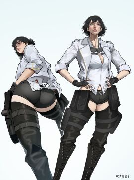 2d artist_name ass ass_focus back_view big_ass big_butt black_hair capcom clothed devil_may_cry devil_may_cry_5 female female_focus full_body full_nelson heterochromia lady_(devil_may_cry) light-skinned_female light_skin low-angle_view multiple_views pinup posing savos99 short_black_hair short_hair shorts simple_background solo solo_female tagme tight_clothing tight_shorts white_background