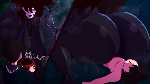 1boy 1girls 2025 anal animal_genitalia animated anthro anthro_penetrated big_ass big_breasts big_butt black_body black_fur black_hair cowboy greatestgori halloween mal0 mal0_(species) saliva scp-1471 scp-1471-a skull steaming_body tongue tongue_out watermark