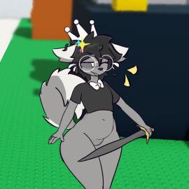 ass big_ass big_thighs chubby chubby_male dog_tail furry furry_male gray_body grey_skin holding_sword male male_only no_artist_signature no_watermark roblox_background sfw small_hips solo suggestive tongue tongue_out unknown_artist wink winking