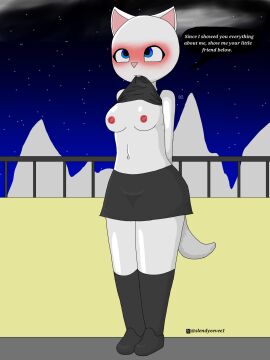 black_crop_top black_shirt black_shoes black_skirt black_socks blue_eyes blush boobs_out breasts cat_ears cat_girl cat_humanoid cat_tail catgirl croptop excited fanart feline female furry furry_female innocent invitation inviting_to_sex kneesocks night no_bra outfit7 shirt_lift shirt_lift_via_mouth shirt_lifted_by_self shoes skirt slendyeevee socks talking_angela talking_friends talking_tom_and_friends_(series) tits_out