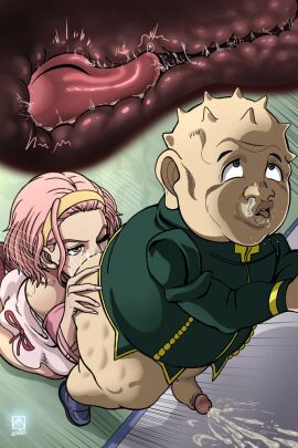 1boy 1girls above_view anilingus anilingus_from_female ass cellulite cum cum_on_wall cumshot diamond_is_unbreakable ejaculation eyes_up fat_ass fat_male female female_rimming_male grabbing grabbing_ass grabbing_from_behind headband jojo's_bizarre_adventure kneeling lips male male_anilingus new_epic_artist older_female penis pink_eyes pink_hair pink_tongue pleasure_face reimi_sugimoto rimjob rimming saliva saliva_trail shigekiyo_yangu straight tongue tongue_in_anus tongue_in_ass tongue_insertion tongue_out wall x-ray younger_male