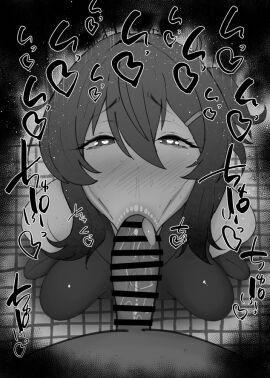 1boy 1girls :>= bare_shoulders big_penis black_and_white blowjob blue_archive blush breasts censored dark-skinned_male dark_skin detailed_background dress drooling eyelashes fellatio female gehenna_academy_student giver_pov hairclip half-closed_eyes haruka_(blue_archive) heart heart-shaped_pupils human indoor inside kurotama looking_at_viewer male male_pov oral oral_sex penis pov problem_solver_68_(blue_archive) room saliva shiny shiny_skin short_hair sketch small_breasts sound_effects squatting sweat text tongue tongue_out vein veins veiny veiny_penis