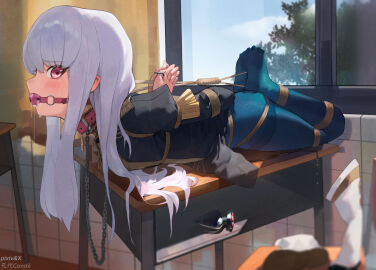 1girls 240mmap arms_behind_back ball_gag blue_pantyhose bondage bound bound_arms bound_fingers bound_legs bound_thumbs butt_plug chains collar drool drooling female female_only femsub fire_emblem fire_emblem:_three_houses gag gagged highres indoors leash long_hair lying lysithea_von_ordelia on_stomach on_table pantyhose piercing pink_eyes restrained rope sex_toy shibari_over_clothes skirt solo table white_hair