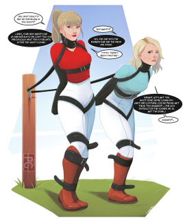 2girls armbinder arms_behind_back bondage bound celebrity chained clothed collar english_text female female_only femsub fully_clothed gag gagged jodhpurs kristen_bell pgratedslasher posture_collar restrained restrained_arms restrained_legs riding_boots riding_outfit taylor_swift text