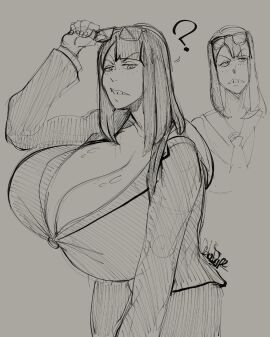 ? artist_signature asymmetrical_bangs bangs breasts breasts_bigger_than_head cleavage doodle eizouken_ni_wa_te_wo_dasu_na! female freckles freckles_on_face glasses glasses_on_head greyscale grimace hatching_(technique) huge_breasts kanamori_sayaka line_art octostripe question_mark school_uniform sketch tall_female tie