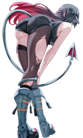 1girls animal_ears ass ass_hanging_out_of_shorts bent_over black_hair black_shorts brown_pantyhose brown_thighhighs female fingernails from_behind full_body grey_shoes highres jane_doe_(zenless_zone_zero) long_hair mouse_ears mouse_girl mouse_tail multicolored_hair nail_polish official_alternate_costume pantyhose red_hair red_nails shoes shorts simple_background single_leg_pantyhose single_thighhigh sleeveless solo standing tail tail_around_own_leg thighhighs torn_clothes torn_pantyhose torn_thighhighs two-tone_hair uenoryoma white_background zenless_zone_zero