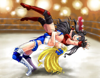 2girls alternate_costume blonde_hair brown_hair catfight fate/hollow_ataraxia fate/stay_night fate_(series) female german_suplex inusurvivor long_hair luviagelita_edelfelt multiple_females multiple_girls official_alternate_costume painttool_sai_(medium) suplex thighhighs tohsaka_rin wrestler wrestling wrestling_boots wrestling_outfit wrestling_ring wrestlingryona