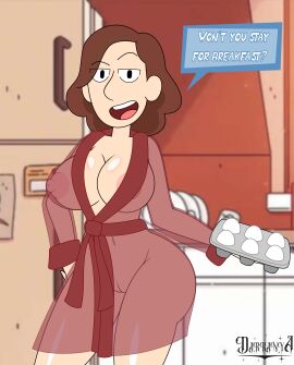 1girls areola_slip areolae big_breasts black_eyes breasts brown_hair cleavage darkdpx3 egg english english_text female female_only food functionally_nude functionally_nude_female hair hilda_(series) hips holding_object huge_breasts johanna_(hilda) kitchen mature mature_female milf mother netflix nightgown pussy solo solo_female text transparent_clothing vagina wide_hips