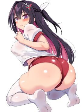 ass ass_focus azki_(hololive) blush blush_lines blushing blushing_at_viewer body_lines braid breasts buruma closed_mouth colored_inner_hair embarrassed female gym_shorts gym_uniform hair_ornament heavy_blush hololive hololive_gen_0 hololive_japan huge_ass kneeling large_breasts looking_back multicolored_hair no_bra rear_view sakanaya_(sakanaya952) see-through shiny_butt shiny_skin shy socks soles soles_of_feet_in_socks streaked_hair sweatdrop thick_thighs thighhighs virtual_youtuber wide_hips