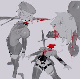 absurd_res anthro beret blood_in_mouth bodily_fluids bovid caprine chastity_cage chastity_device clothing death garter_straps goat gore hat headgear headless headwear hi_res kinkykong latex latex_clothing lingerie lingerie_under_uniform mammal melee_weapon necrophilia penis_through_neckhole sequence severed_body_part severed_head stab sword torn_clothing uniform uniformed_male weapon