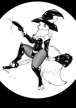 2024 anthro arm_tuft armwear bandai_namco big_tail biped black_and_white blush breasts broom broom_riding canid canine claws cleaning_tool clothed clothing costume digimon digimon_(species) digitigrade dildo elbow_gloves eye_markings female fishnet_clothing fishnet_legwear fluffy fluffy_tail flying footwear gloves halloween halloween_costume handwear hat headgear headwear hi_res holding_dildo holding_object holding_sex_toy holding_wand holidays ketsueki_(character) kinktober kinktober_2024 latex latex_clothing latex_footwear latex_gloves latex_handwear legwear looking_at_viewer magic_user markings medium_breasts monochrome neck_tuft renamon s-nina sex_toy shoulder_tuft solo tail toe_claws tuft witch witch_costume witch_hat