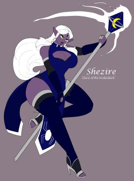 1girls athorment athorment_oc big_breasts breasts cleavage dark_elf drow dungeons_and_dragons female heels long_hair pinup pointy_ears priestess purple_skin shezire_(athorment) solo_female staff tagme white_hair wide_hips
