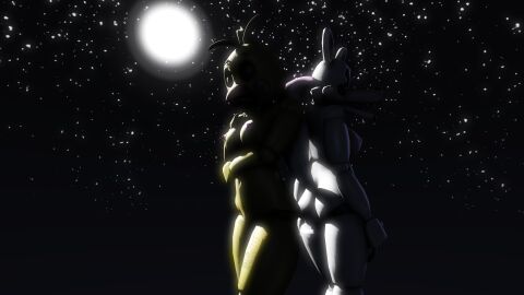 3d 4k animatronic basking bird bird_girl bright_moon closed_eyes dark_lighting disboi215 female five_nights_at_freddy's five_nights_at_freddy's_2 fnaf fox fox_ears fox_girl fox_tail highres mangle_(fnaf) moon moonlight moonshine naked naked_female night night_sky nighttime pink_body pink_nipples robot sfm source_filmmaker toy_chica_(fnaf) white_body yellow_body