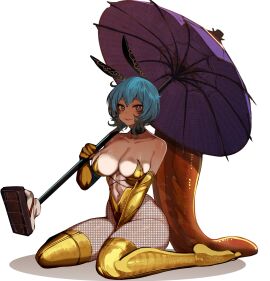 1girls big_breasts blue_eyes blue_hair breasts bunnysuit cleavage female heterochromia kogasa_tatara kogasa_tatara_(umbrella) light-skinned_female light_skin red_eyes solo solo_female thick_thighs thighs tomatolover16 touhou white_background
