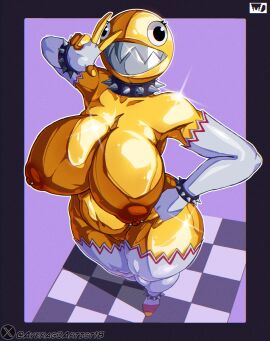 ass averag3artist18 big_ass big_breasts big_eyes breasts chain_chomp choker eyelashes female gold_chain_chomp goldie_(wyerframez) naked_footwear nipple_piercing nipples nude nude_female peace_sign piercing pussy sharp_teeth shiny smile spiked_bracelet stockings tagme thick_thighs wyerframez