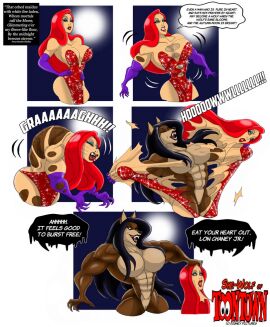black_hair breasts disguise disney dress female jessica_rabbit johnnyharadrim large_breasts mask original original_character red_dress red_hair sequin_dress skinsuit tearing_clothes text werewolf who_framed_roger_rabbit wide_hips