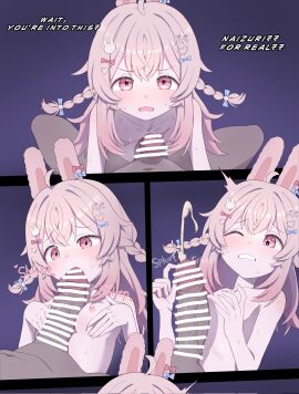 1boy ^^^ ahoge animal_ears bar_censor black_border blue_bow border bow braid breasts breasts_squeezed_together censored collarbone comic commentary completely_nude cum cumshot dark-skinned_male dark_skin ear_bow ejaculation english_text erection fellatio female flinch furrowed_brow hair_ornament hands_up highres long_hair long_sidelocks looking_at_viewer lying male multiple_views naizuri nipples nude on_back one_eye_closed onion_(tamanegi) oral paizuri penis phase_connect phase_origins pink_eyes pink_hair pink_nails pipkin_pippa pov pov_crotch rabbit_ears rabbit_hair_ornament red_bow sidelocks simple_background small_breasts spread_legs straight teeth twin_braids virtual_youtuber vtuber yume_kawaii