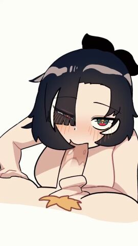 1boy 1girls animated big_breasts black_hair blowjob blush breasts eyes_visible_through_hair female hair_ornament looking_at_partner looking_at_viewer mako_(yakobin) male multicolored_eyes nude original pov presenting pubic_hair red_eyes saliva short_hair sound tagme video video_games yako_bin