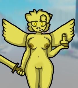 breasts female gold_piggy_(piggy) golden_eyes golden_hair happy male medium_breasts momazos26412 penis piggy_(game) pussy roblox roblox_game smiling smiling_at_viewer trophy